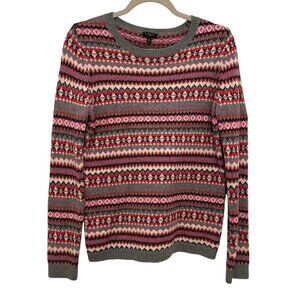 Talbots Fair Isle Sweater Womens S Petite Gray Pink Lambswool‎ Blend Crewneck